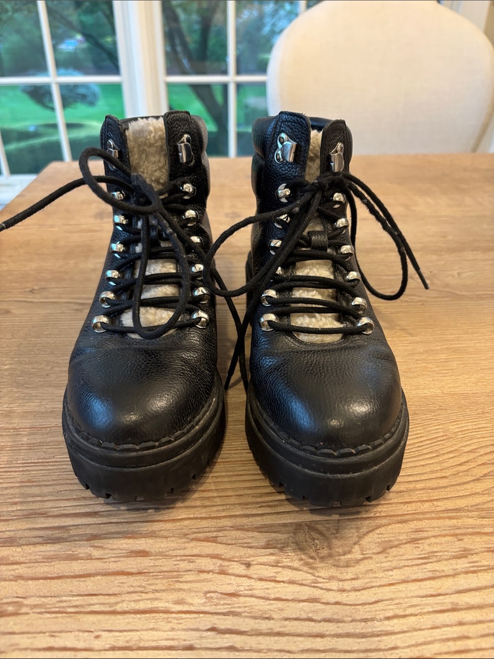 Marc Fisher Black Lace-Up Platform Hiker Boots with Faux Shearling